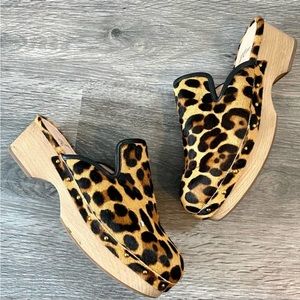 J Crew Leopard calf hair clog